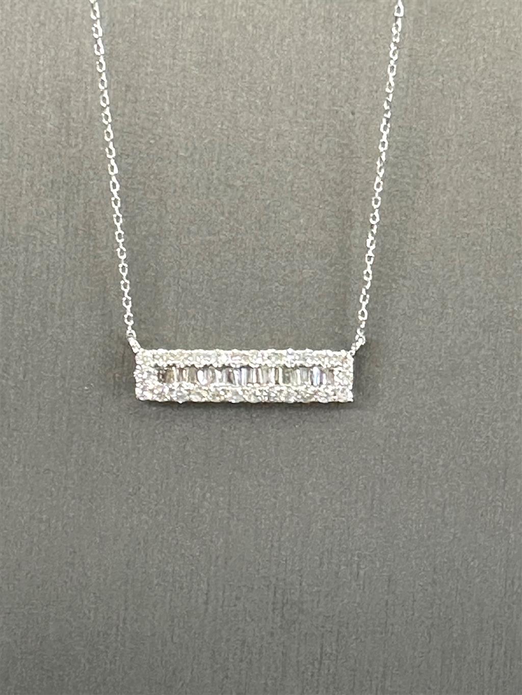 White Gold Round And Baguette Diamond Bar Necklace
