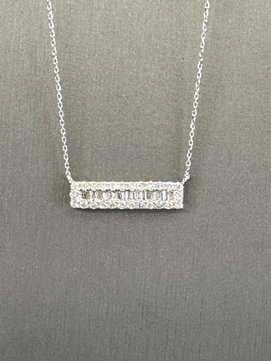 White Gold Round And Baguette Diamond Bar Necklace