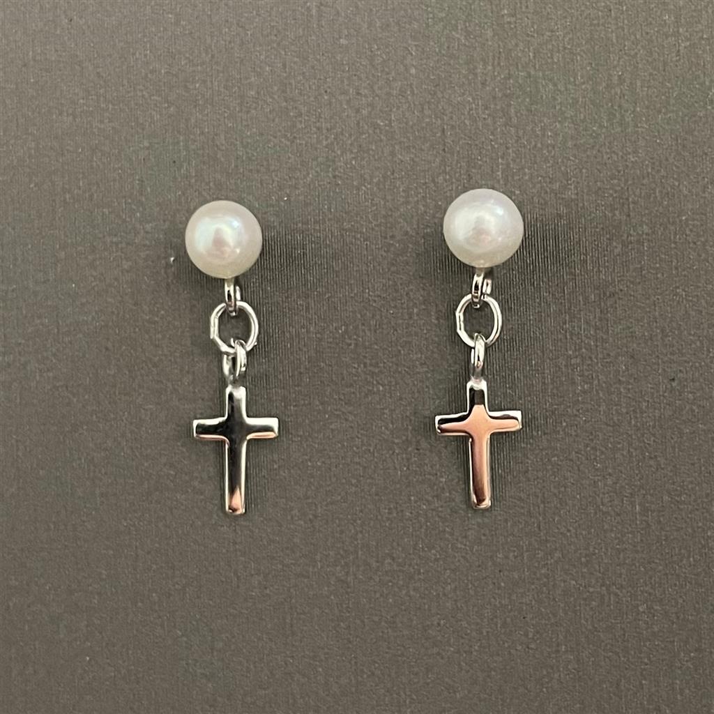 Childrens Sterling Silver Pearl And Cross Drop Earrings