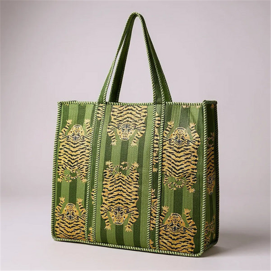 Green Flat Tiger Quilted Tote Bag